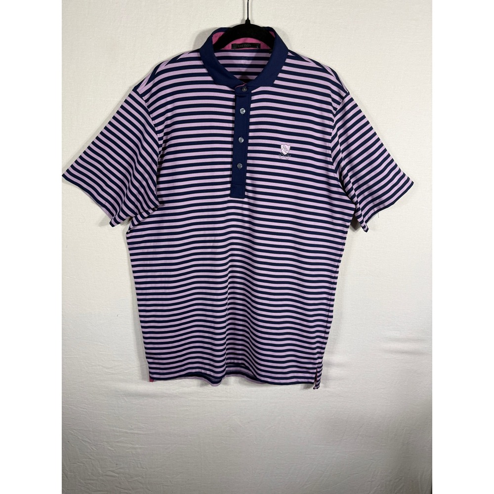 Greyson Mens Striped Golf Polo Shirt Navy Purple PCC 1890 Crest Size Large